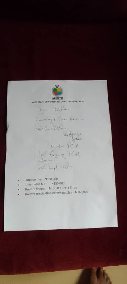 Hospital document from LASUTH detailing surgery costs.