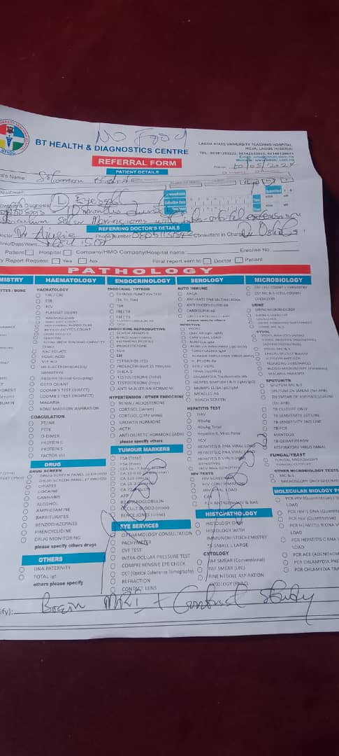 Referral form from BT Health and Diagnostics Centre.