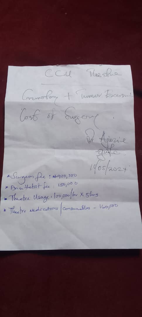 Surgery cost document for craniotomy, referral by Dr. Ajenrie.