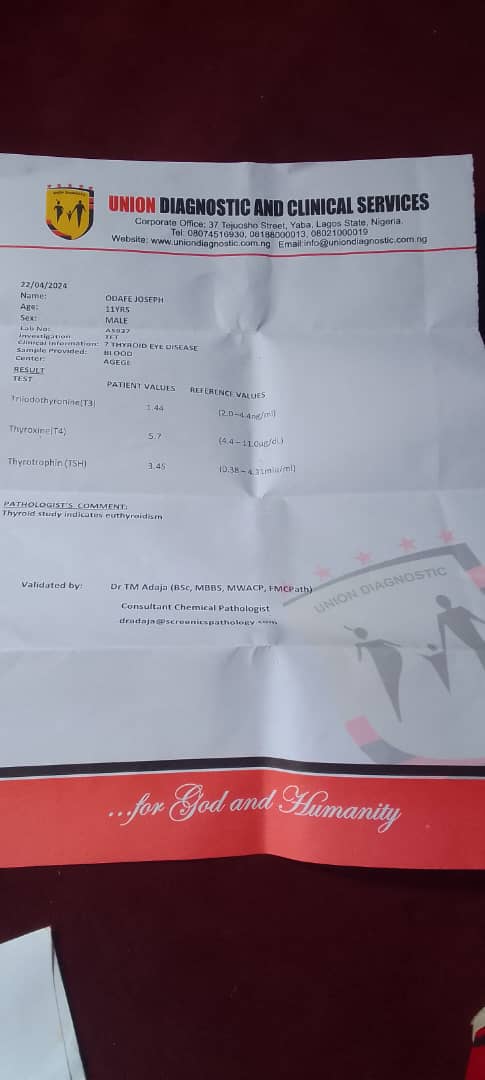 Thyroid test results from Union Diagnostic and Clinical Services.